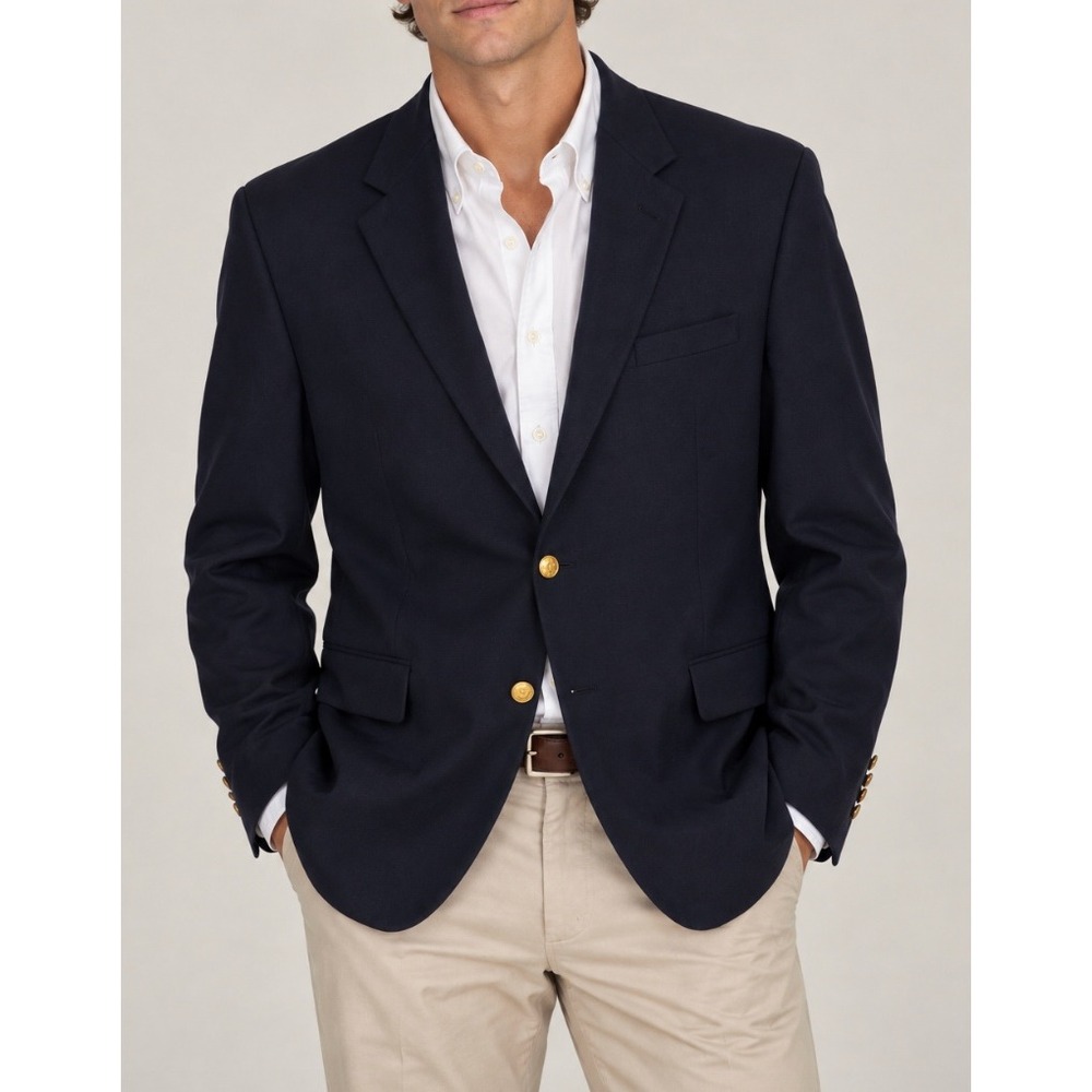 Vtg Chaps Ralph Lauren Navy Blue 100% Wool Blazer Gold Crest Buttons Mens 44L